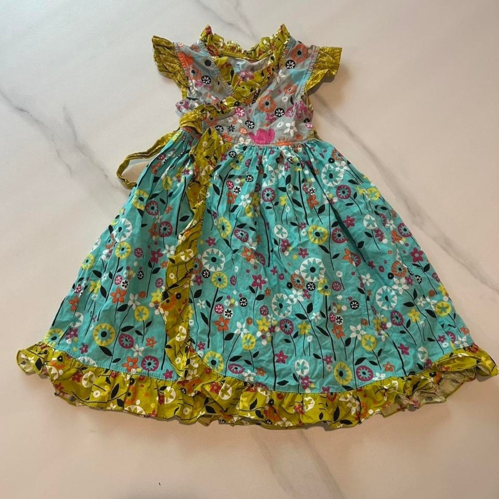 Blue and green floral and bee 🐝 wrap dress with ruffles